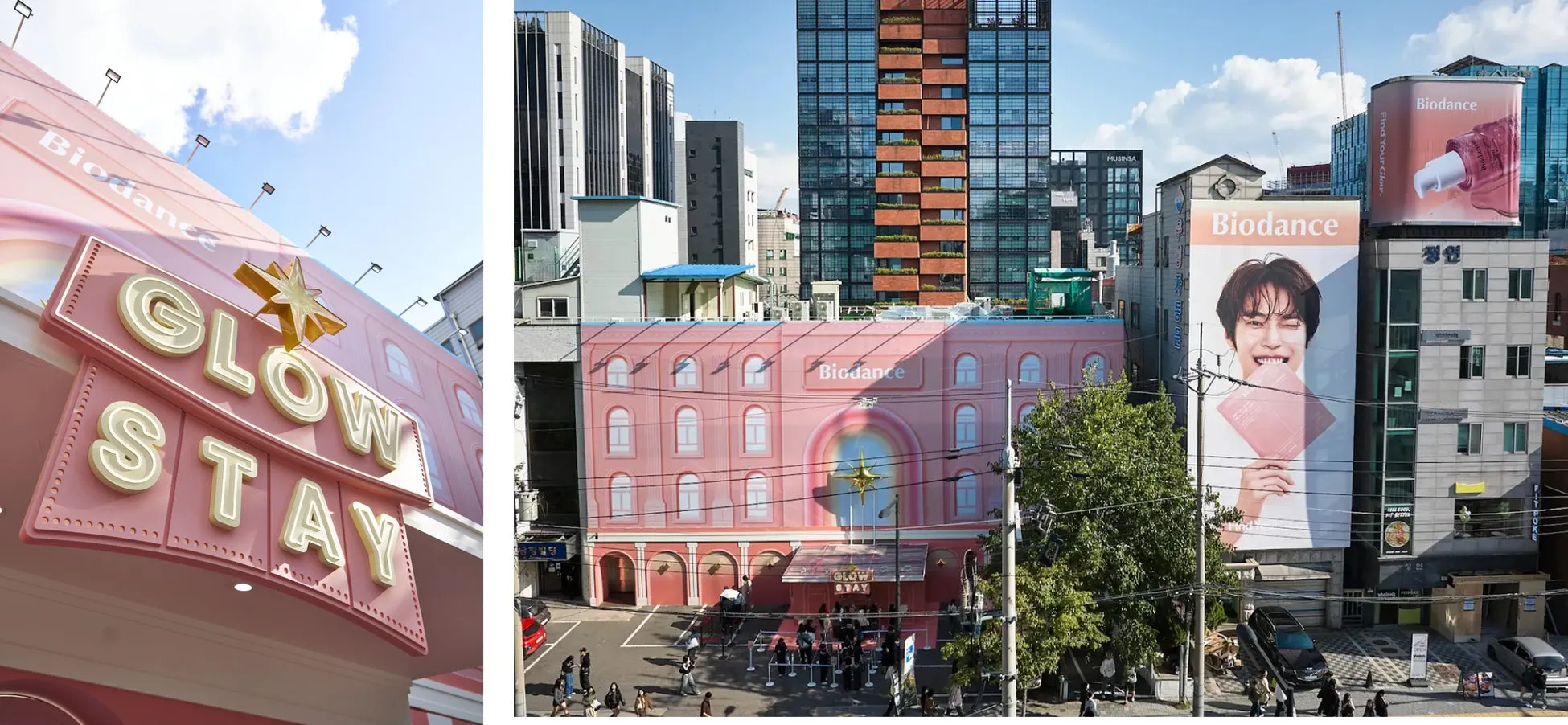 街角のピンク色の建物。建物の正面には「GLOW STAY」の看板と星の装飾があり、側面には「Biodance」の広告がある。広告には、製品を持つ男性の顔が大きく写っている。
