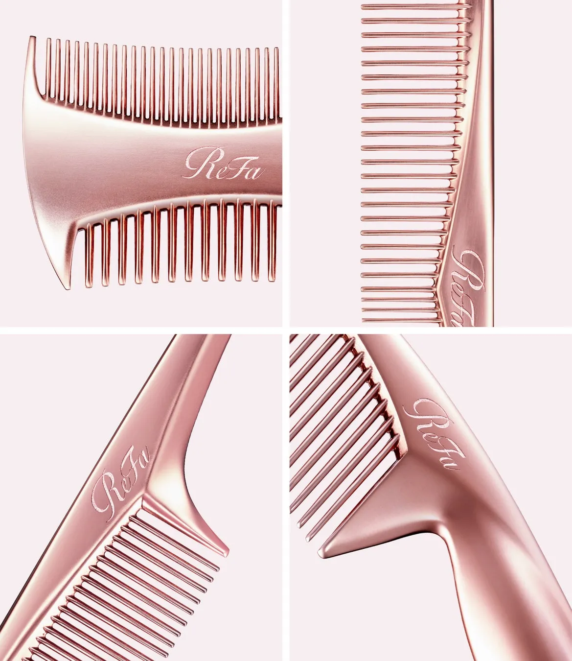 4つの異なる角度から撮影された、ReFaブランドのピンクゴールドの櫛のクローズアップ画像。櫛にはブランドロゴが刻印されている。
