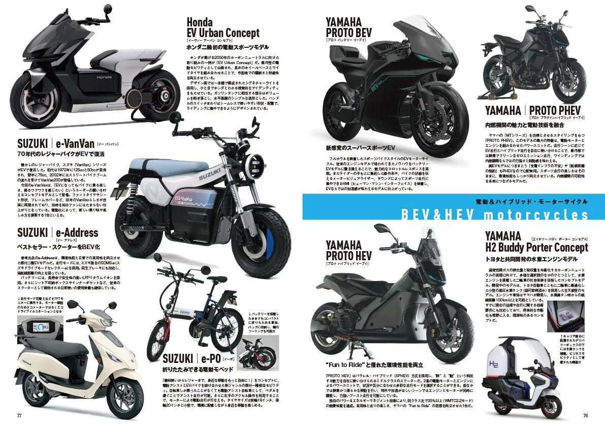 二輪車のコンセプトモデルを紹介するページ。ホンダのEV Urban Concept、ヤマハのPROTOシリーズ、スズキのe-VanVan、e-Address、e-POなどが掲載されている。