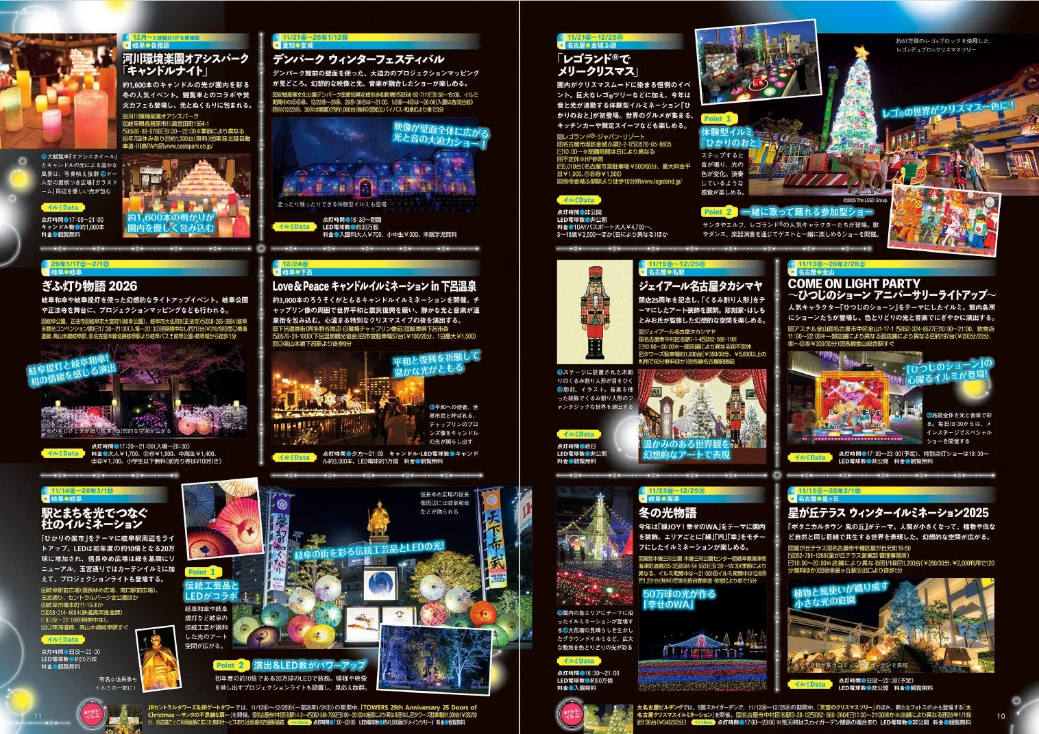 冬のイルミネーションイベントを紹介する画像です。各イベントの概要、開催期間、点灯時間、料金、場所などが記載されています。