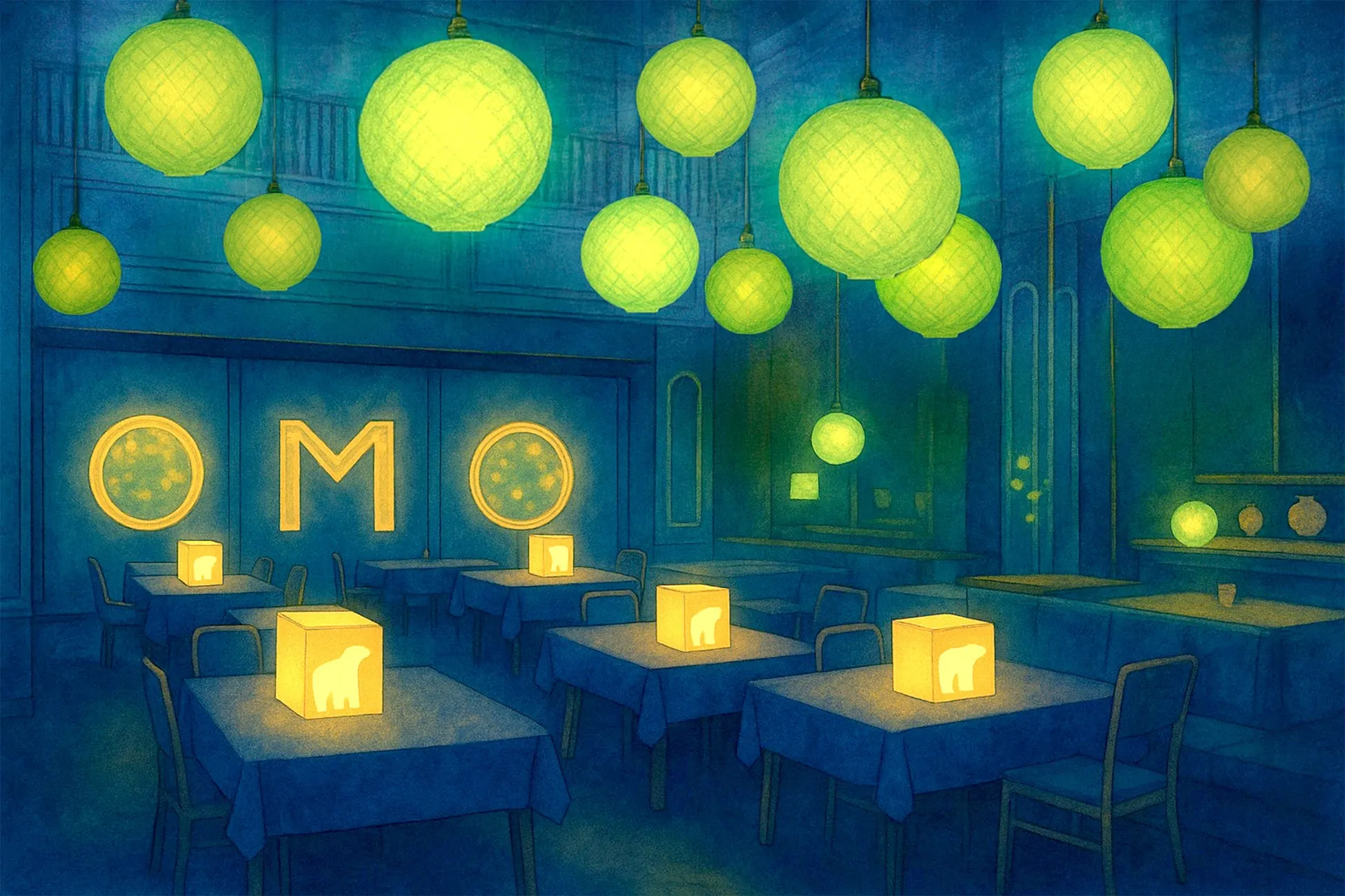 夜のレストランのイラスト。提灯のようなライトがたくさん吊り下げられており、テーブルにはクマのシルエットが描かれたライトが置かれている。壁には「OMO」の文字が光っている。