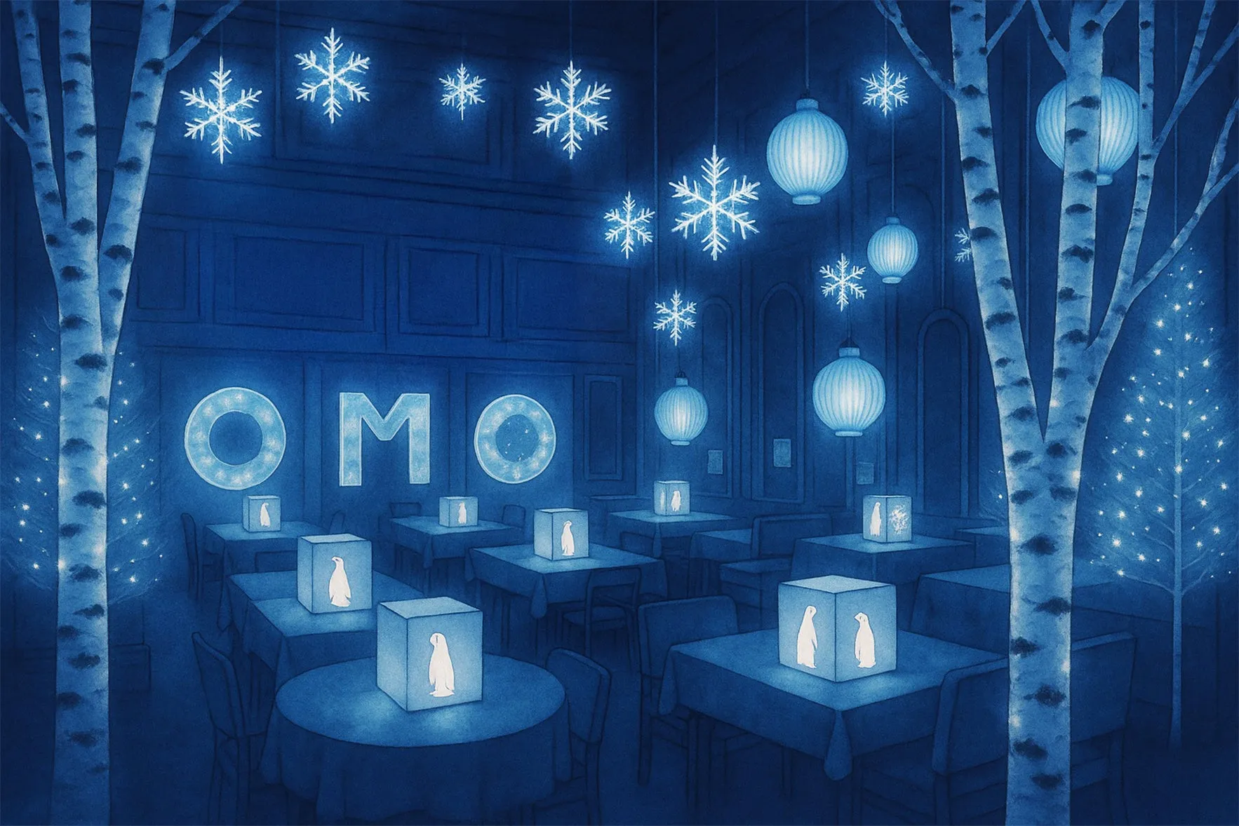 青を基調とした幻想的なレストランのイラストです。雪の結晶や提灯のようなライトが飾られ、テーブルにはペンギンのシルエットが浮かび上がる立方体の照明が置かれています。まるで雪の降る夜のレストランのようです。