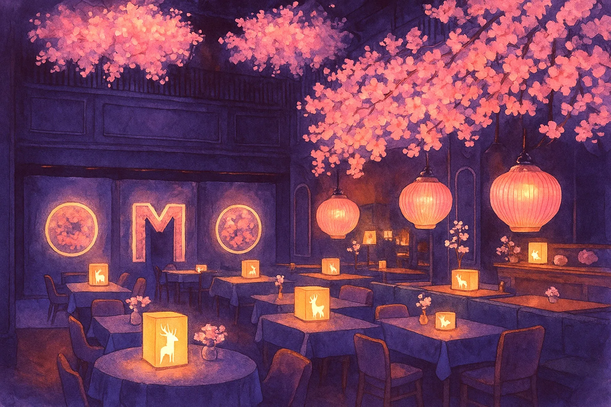 桜の装飾が施された落ち着いた雰囲気のレストランのイラストです。テーブルには鹿のシルエットが描かれたランプが置かれ、和風の雰囲気を醸し出しています。天井からは提灯が吊り下げられ、幻想的な空間を演出しています。