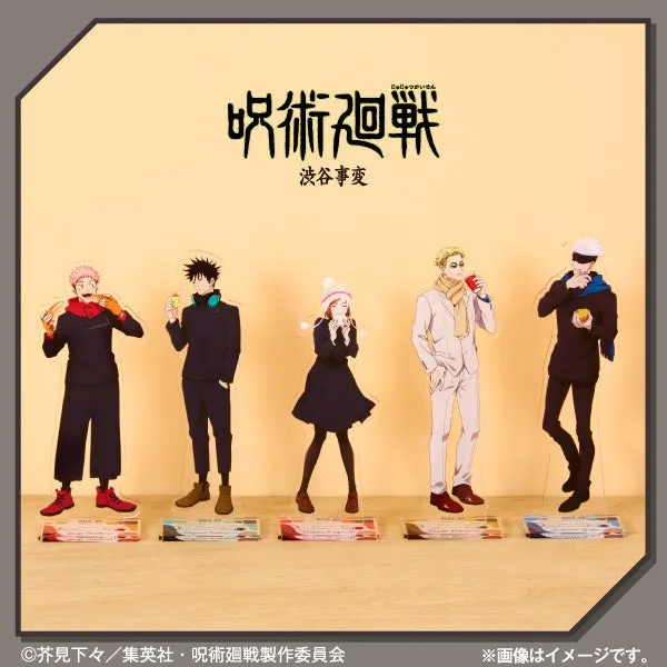 アニメ「呪術廻戦」のキャラクターアクリルスタンドの画像。五条悟、虎杖悠仁、伏黒恵、釘崎野薔薇、七海建人の姿が描かれている。