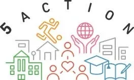 様々な活動を示すイラストが描かれたロゴ。スポーツ、家、人々のつながり、地球環境への配慮、教育など、多様な要素が表現されている。