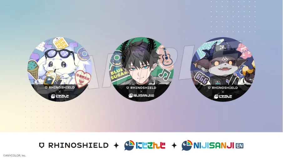RhinoShieldとNIJISANJIのコラボグッズの画像。3つのキャラクターが描かれており、それぞれ異なるデザインの缶バッジのようだ。