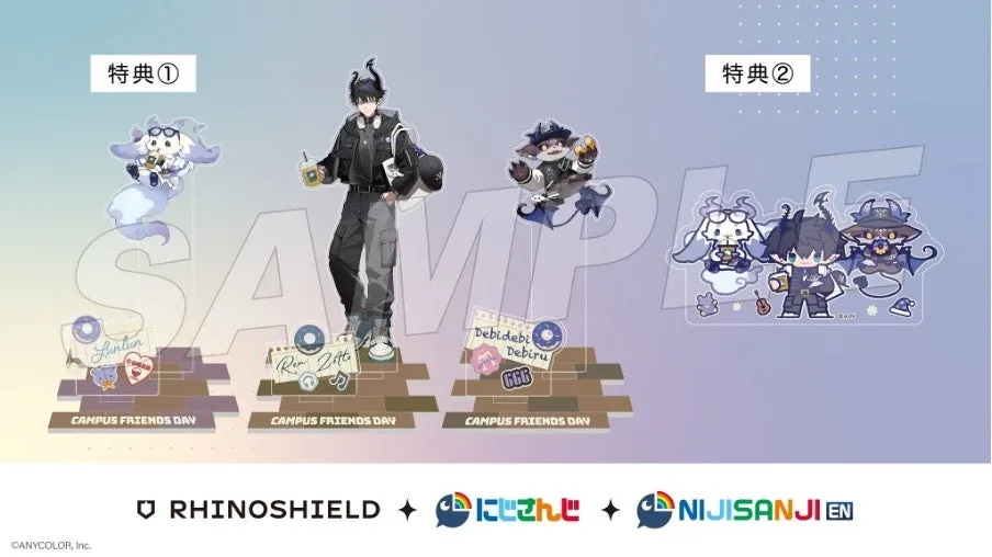 にじさんじのキャンペーン告知画像。特典①と特典②があり、それぞれ異なるキャラクターのアクリルスタンドが写っている。