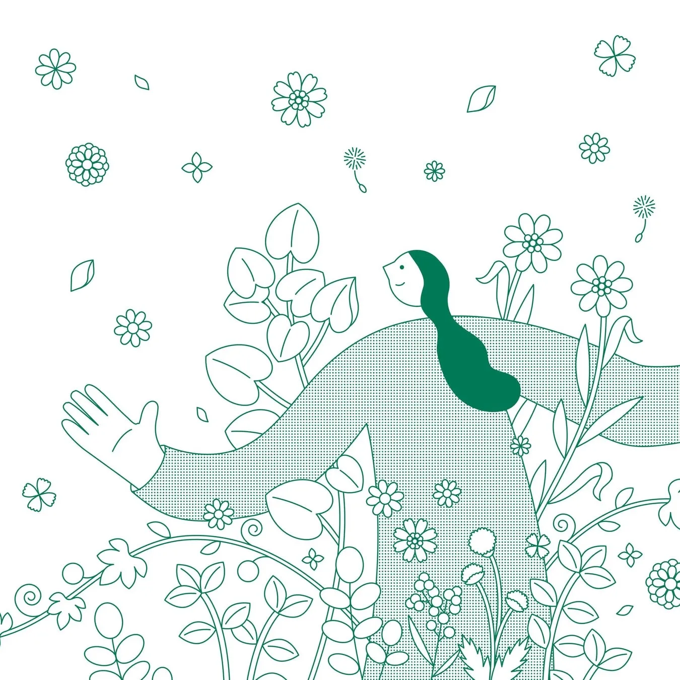 花々に囲まれた人物のイラスト