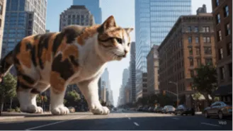 巨大な猫が街を歩いている様子を描いた画像。