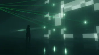シルエットの人物が、緑色の光線と光る四角形が特徴的な抽象的な空間に立っている様子を描いた画像。