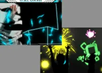 複数の画面に分かれた画像。青色のネオンのような光で描かれた線や、人影が描かれている。