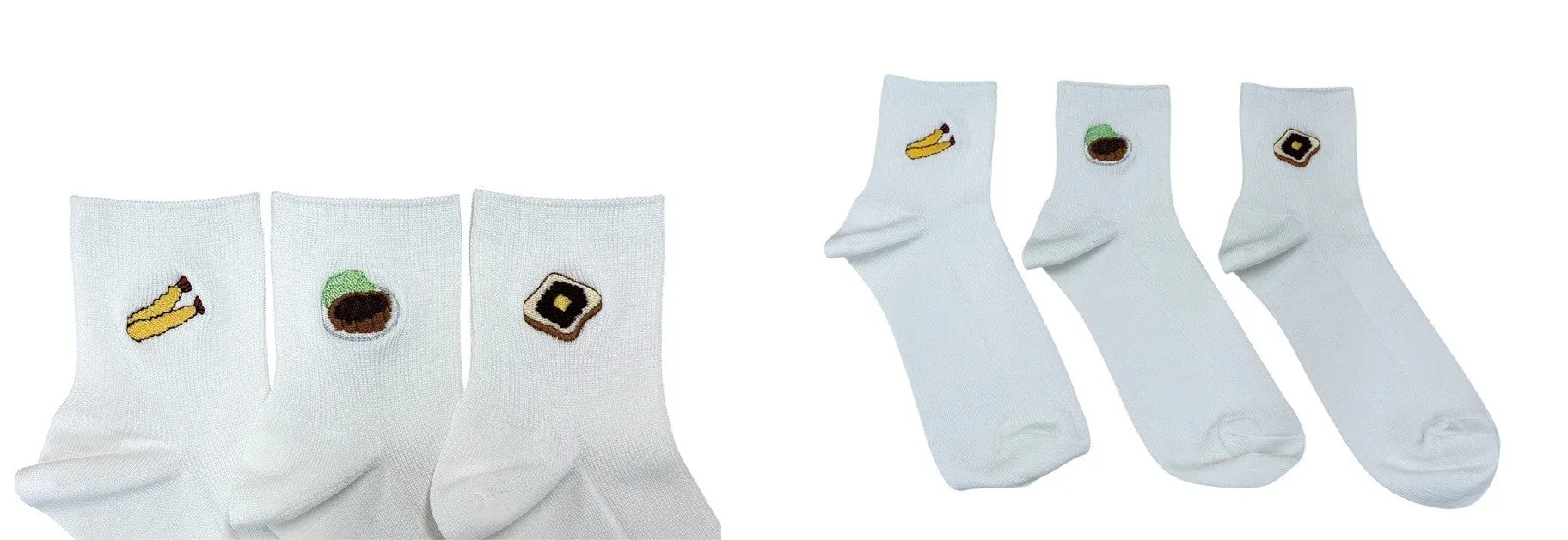 白い靴下には、バナナ、茶色い食べ物、トーストのような食べ物の刺繍が施されています
