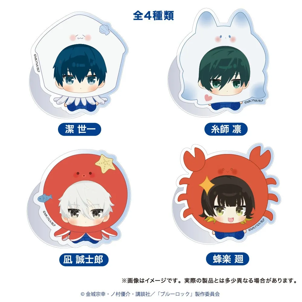 アニメ「ブルーロック」のキャラクター、潔世一、糸師凛、凪誠士郎、蜂楽廻がそれぞれ異なる動物の着ぐるみを着たデザインのグッズの画像です。