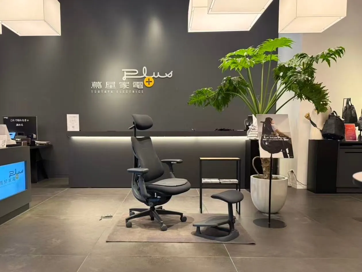 蔦屋家電の店内の写真。人間工学に基づいた椅子、植物、看板が写っている。