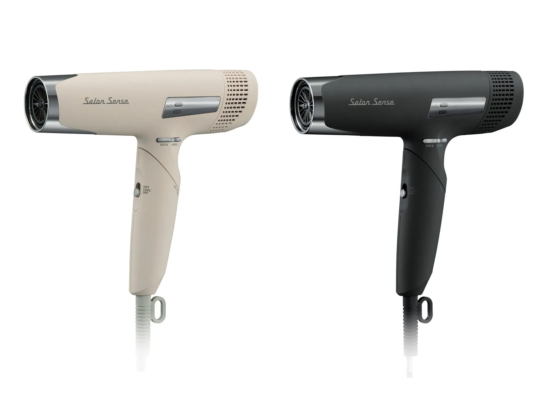 白と黒の2色のヘアドライヤーの画像です。どちらのヘアドライヤーにも「Salon Sense」のロゴが入っています。