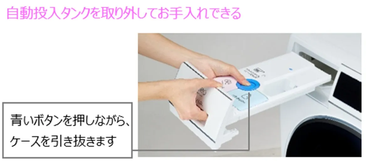 洗濯機の洗剤投入ケースを取り外して清掃する手順を示した画像です。青いボタンを押しながらケースを引き抜く様子が描かれています。