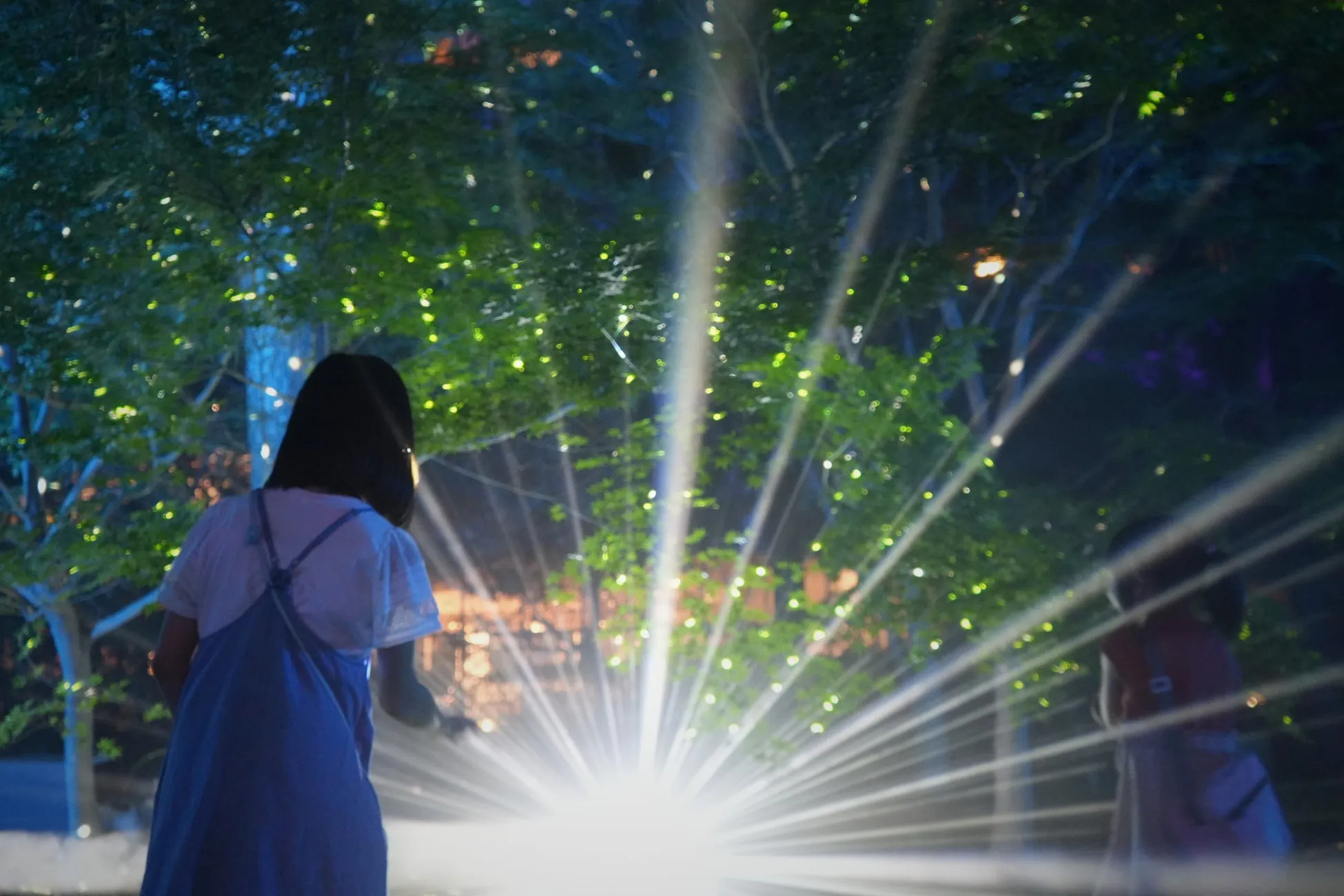 光の演出の中で、女性が立っている様子を捉えた写真です。背景には緑の木々があり、光が放射状に広がっています。幻想的な雰囲気です。