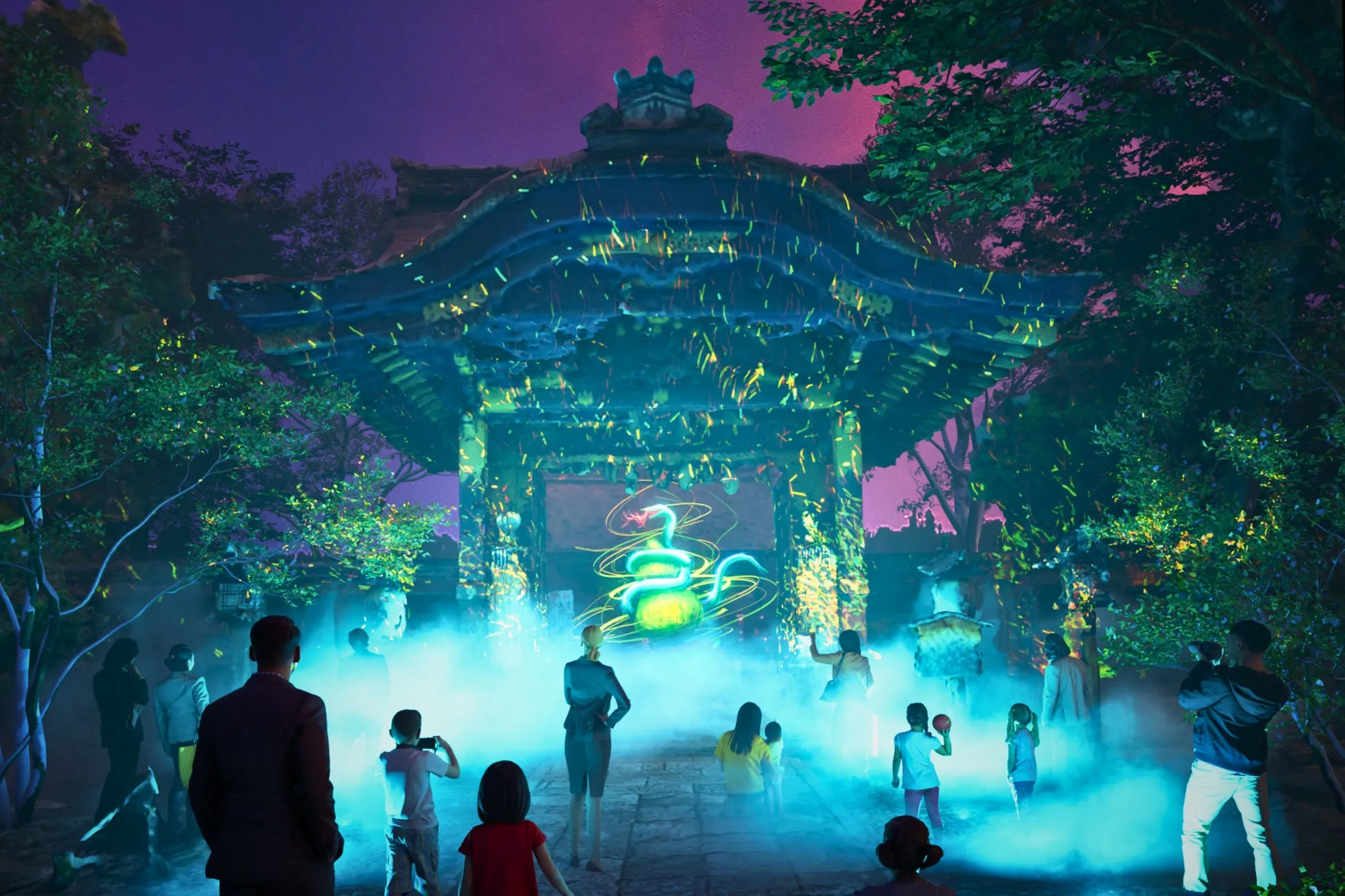 夜の庭園に立つ人々と、ライトアップされた建物と緑の木々を描いた幻想的なイラスト。建物の中には光る龍のようなものが見える。