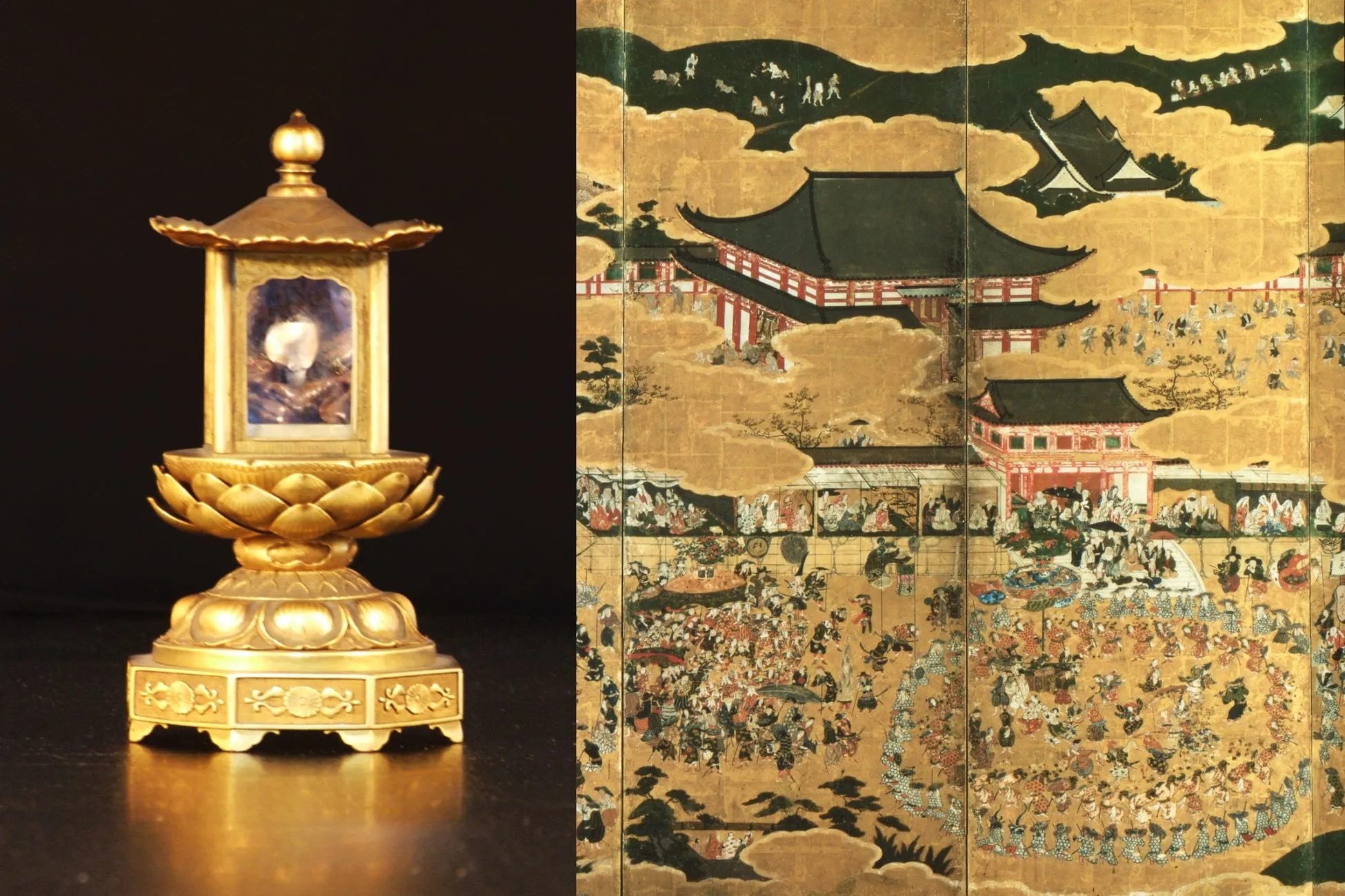 金色の仏塔と、伝統的な日本の絵画が描かれた屏風が並んだ画像です。仏塔は蓮の台座の上にあり、その中には像が収められています。屏風には、建物や人々が描かれており、日本の歴史的な風景を彷彿とさせます。
