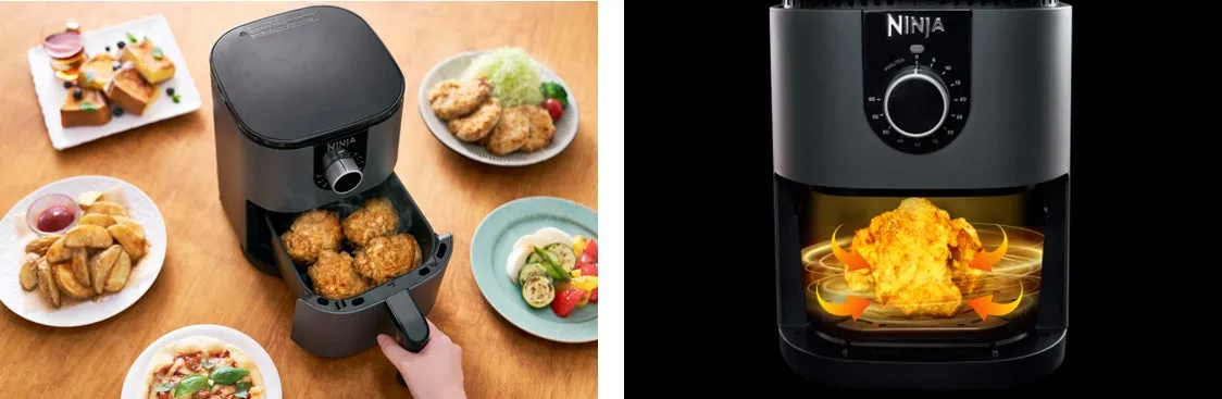 Ninjaのエアフライヤーと、エアフライヤーで調理された料理の写真です。フライドチキン、フレンチトースト、ポテトフライなどが写っています。