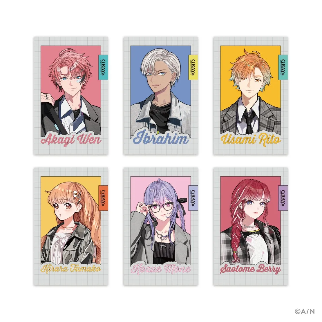 6人のキャラクターが描かれたトレーディングカードのイラスト。各カードは異なる背景色で、キャラクターの名前が英語で記されています。