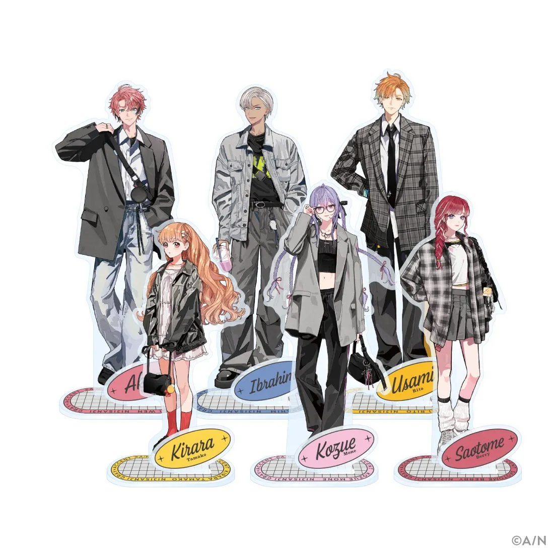 様々なキャラクターが描かれたアクリルスタンドのイラスト。男性と女性のキャラクターが複数いて、それぞれ異なる服装をしている。