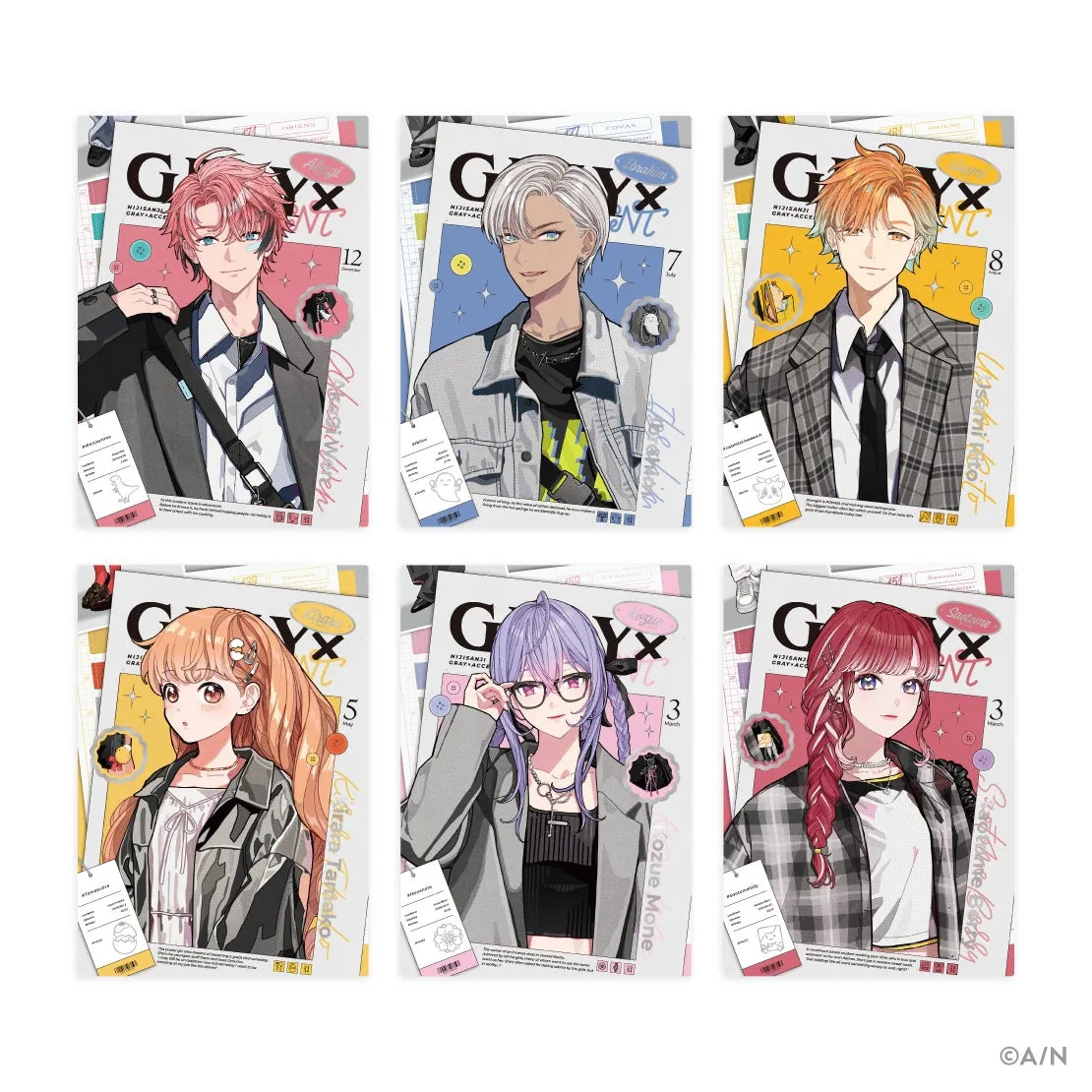 雑誌の表紙のイラストが6枚並んだ画像。それぞれ異なるキャラクターが描かれており、スタイリッシュなデザイン。