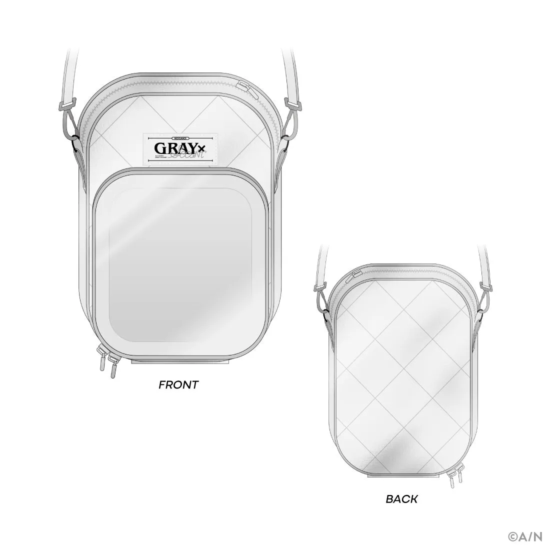 前面と背面のデザインが描かれたショルダーバッグのイラスト。前面にはブランドロゴがあり、背面はキルティングデザイン。