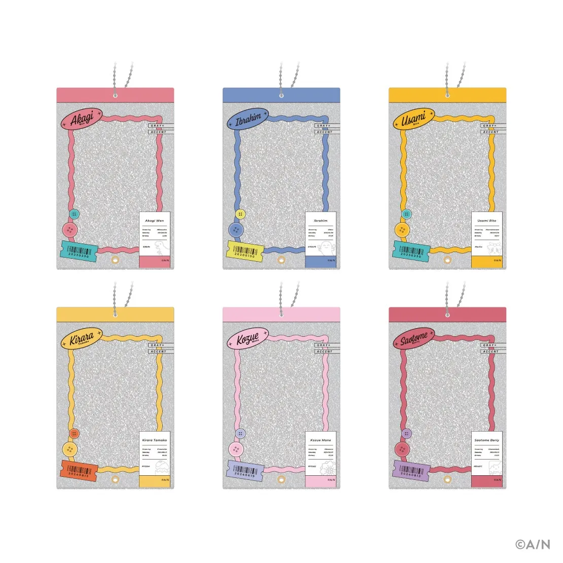 名札を模した6種類のデザイン。それぞれ異なる名前とアクセントカラーが施されている。