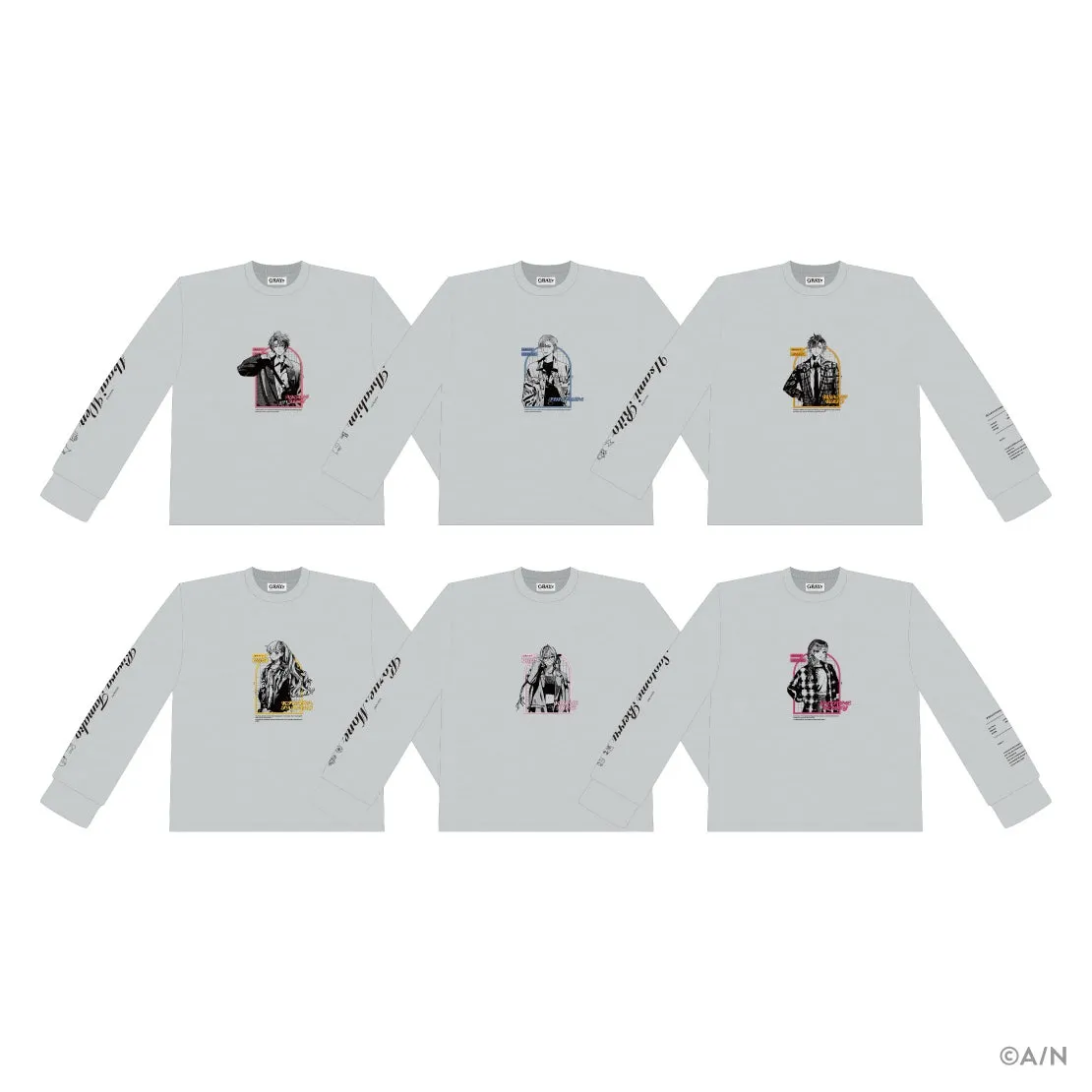 キャラクターがプリントされた長袖Tシャツが6枚並んでいる写真です。前面にはキャラクターのイラストと名前が、袖には文字がプリントされています。