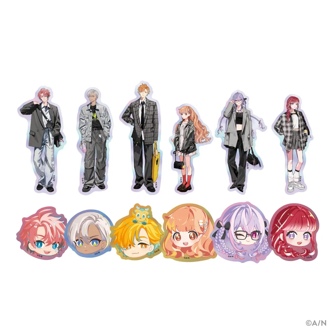 キャラクターグッズと思われる画像です。上段には全身のキャラクターイラスト、下段には顔だけのキャラクターイラストが並んでいます。