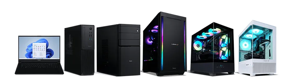 iiyamaのPC製品の画像です。ノートPC、デスクトップPC、PCケースなどが写っています。