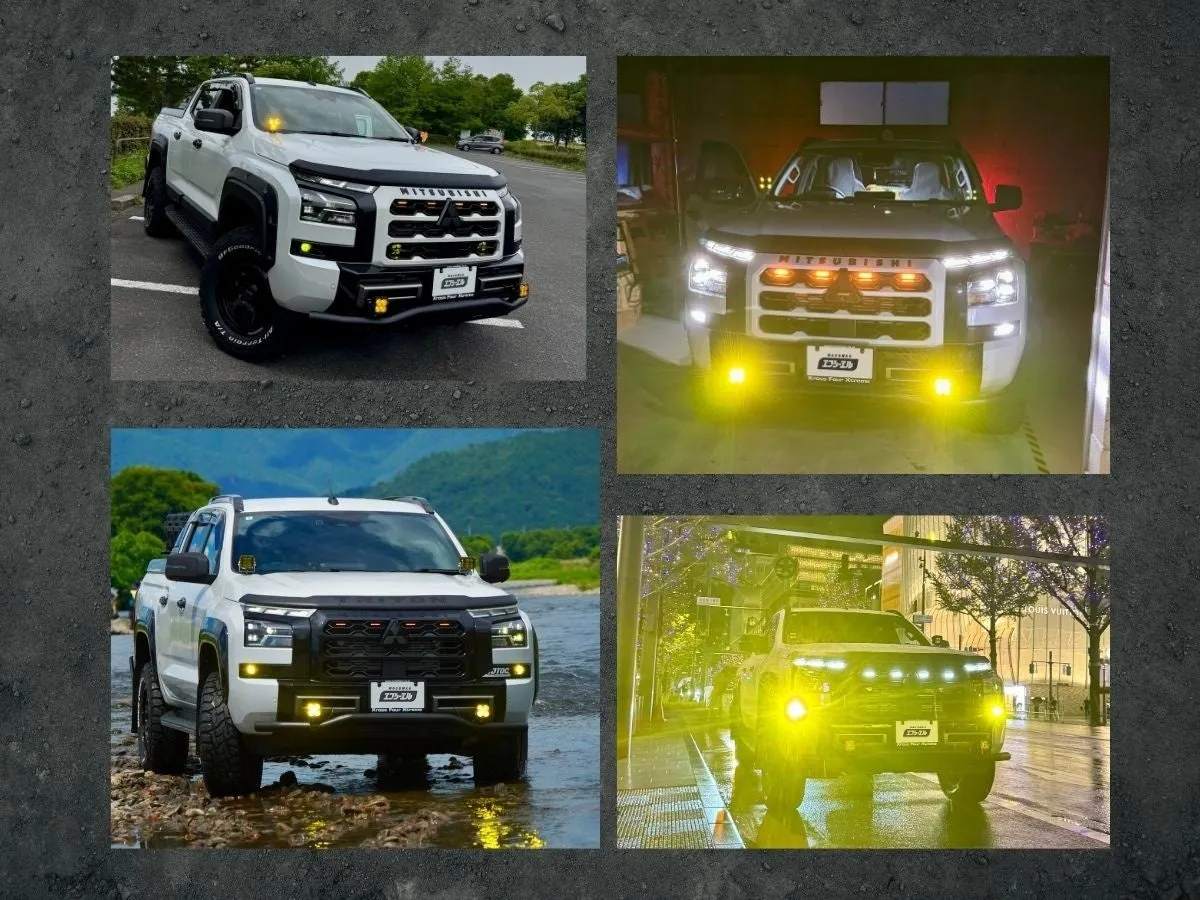 白の三菱ピックアップトラックが4枚の写真で様々な状況で写っています。すべての写真で、トラックには黄色いフォグランプが装備されています。