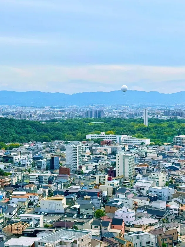 都市の上空に浮かぶ熱気球の風景写真。遠くには山々が広がり、空は薄い青色をしている。