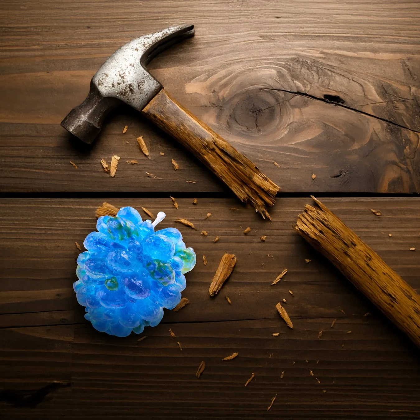 ハンマーと青い装飾品