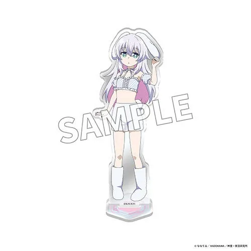 白髪の女の子のアクリルスタンド。ウサギの耳のような髪飾りをつけ、白い服を着ている。