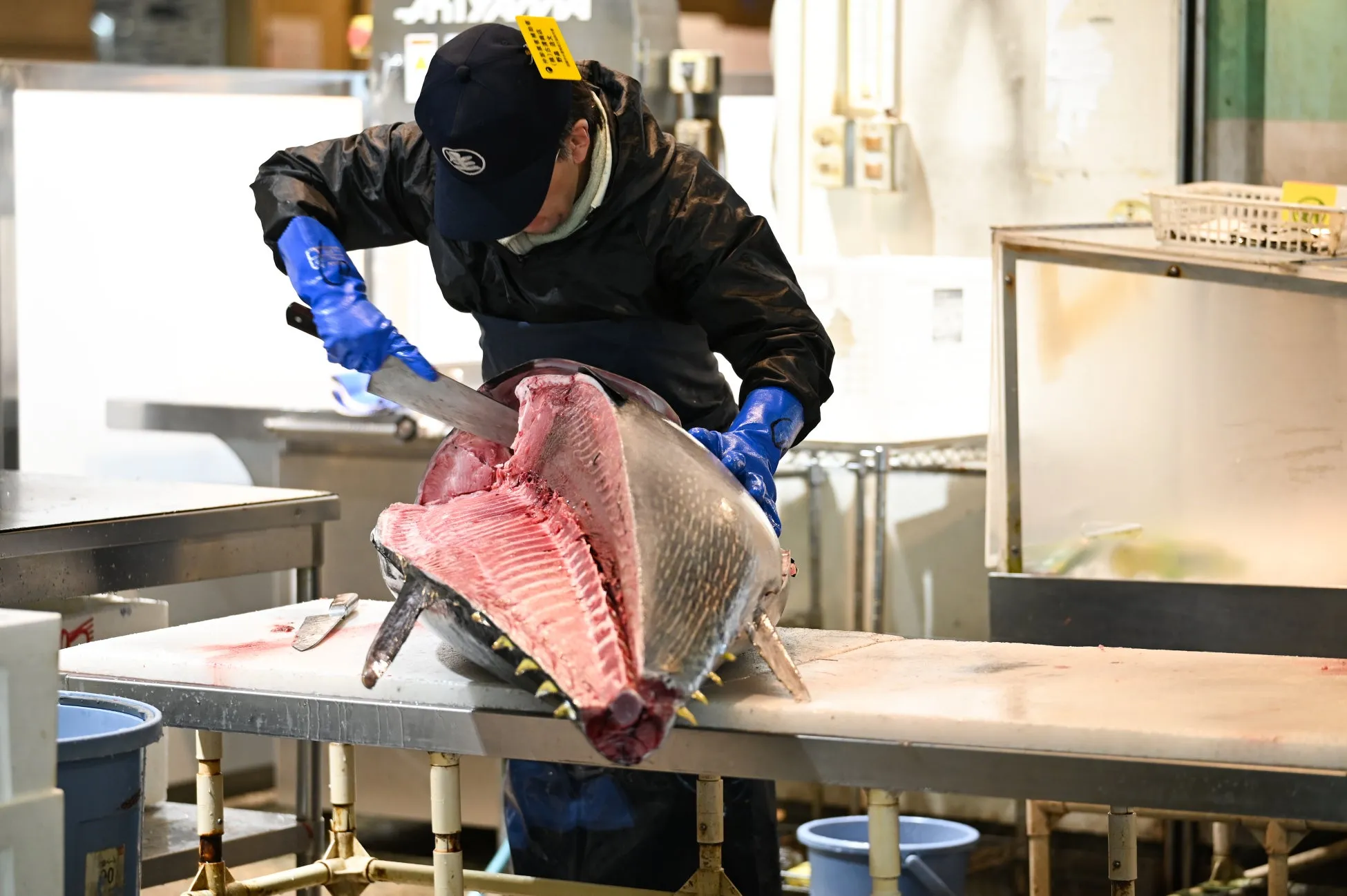 職人が大きな魚を裁断している様子