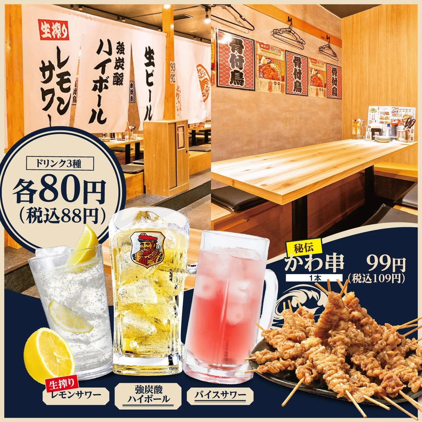 居酒屋のメニューを写した画像です。レモンサワー、ハイボール、バイスサワーのドリンク3種が各80円、かわ串が99円で提供されています。