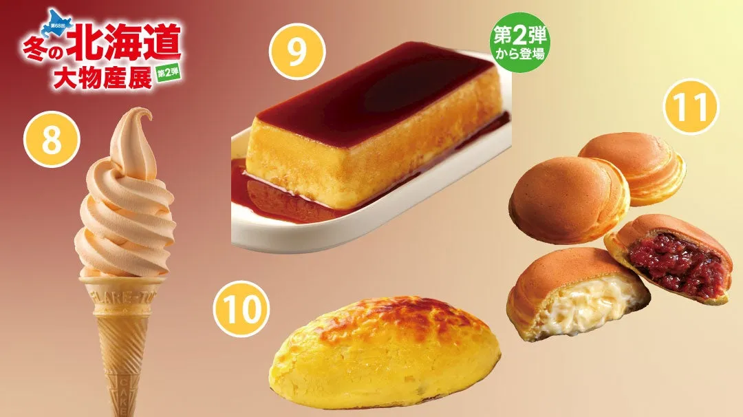 北海道の食べ物を写した写真です。ソフトクリーム、プリン、オムレツ、大判焼きが写っています。