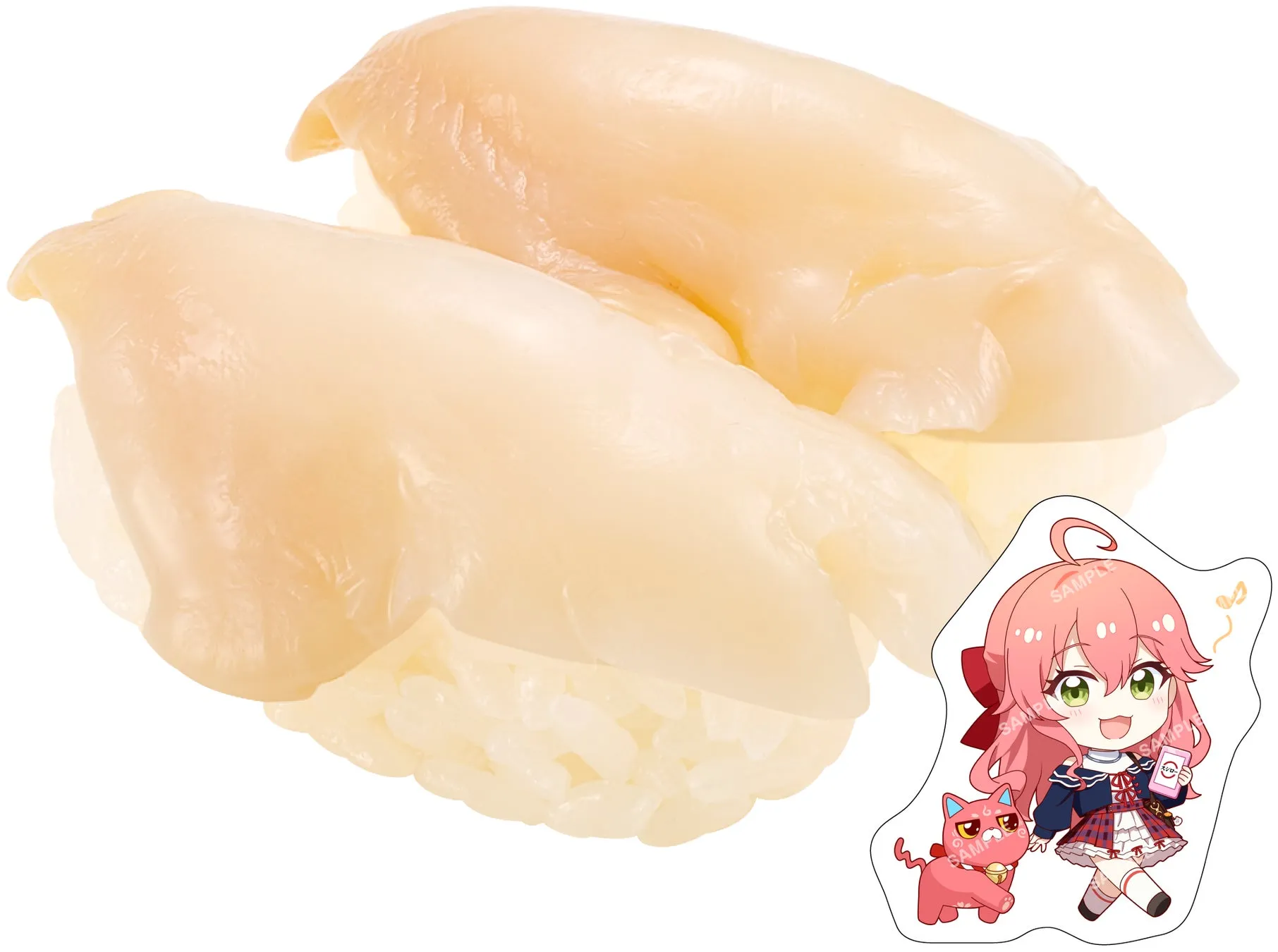 ホタテの握り寿司とキャラクターのイラストが描かれた画像