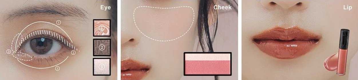 アイメイク、チーク、リップメイクのチュートリアル画像。