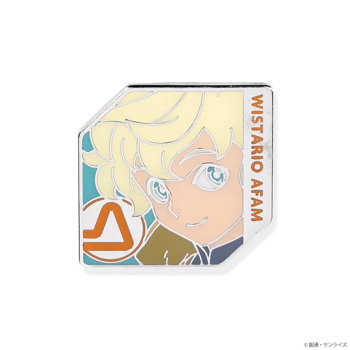 キャラクター「ウィスタリオ・アファム」が描かれたピンバッジ。