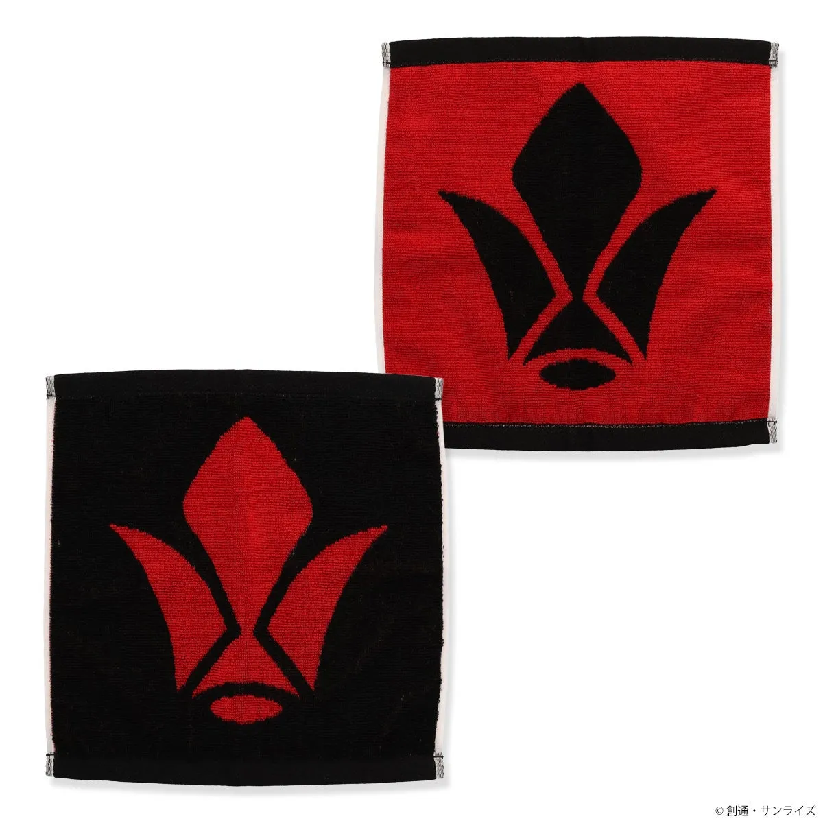 赤い背景に黒いシンボル、または黒い背景に赤いシンボルの四角い布が2つ並んだ画像。シンボルは、上向きの葉のような形状をしている。