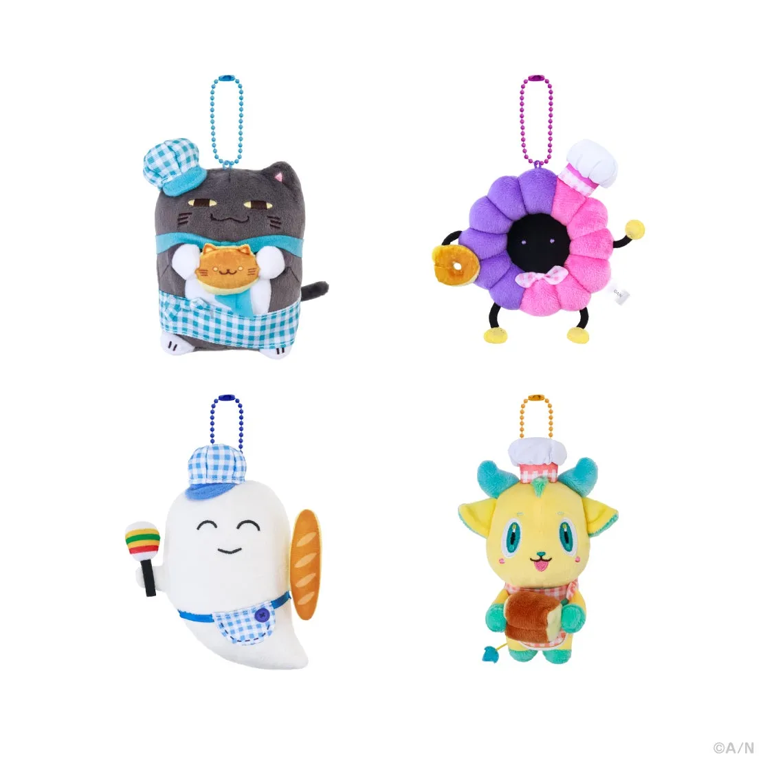 4種類のマスコットの集合写真。猫、花、オバケ、動物のキャラクターが、コック帽やパンなどのアイテムを持っており、それぞれ異なるデザインで可愛らしい。