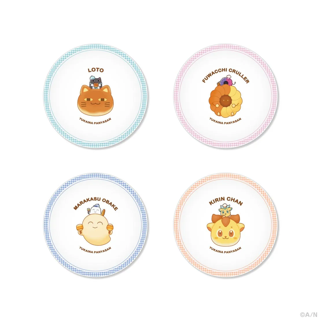 4つの丸いイラスト。それぞれに異なるキャラクターが描かれており、パンをモチーフにしたデザイン。