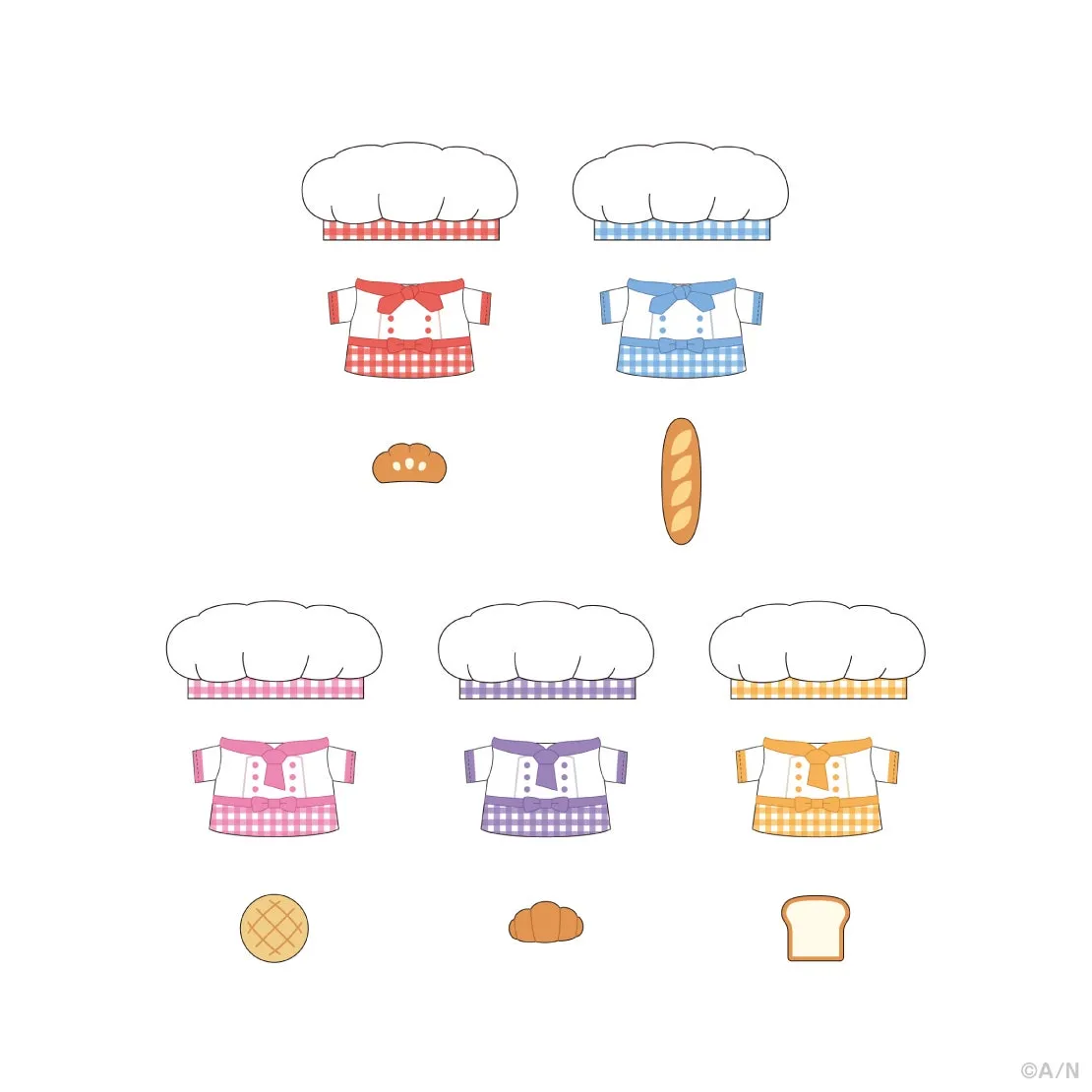 さまざまな色のシェフの帽子と制服、そしてさまざまな種類のパンが描かれたイラスト。