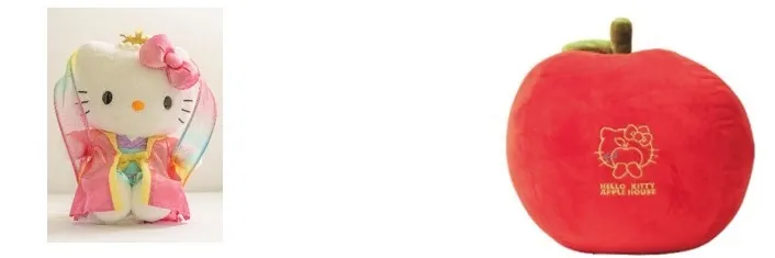 ハローキティのぬいぐるみと、リンゴの形をしたハローキティのクッションの画像。