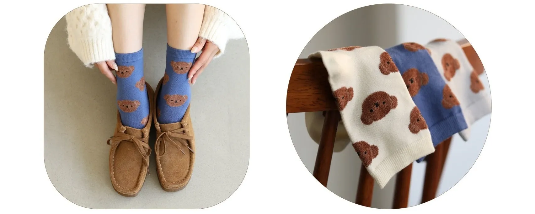 テディベア柄の靴下を履いた女性と、テディベア柄の靴下が並んだ写真。
