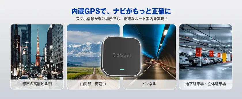 Ottocastデバイスの広告画像。内蔵GPSにより、スマホ信号が弱い場所でも正確なルート案内を実現する。都市の高層ビル街、山間部・海沿い、トンネル、地下駐車場・立体駐車場など、様々な場所での利用を想定している。