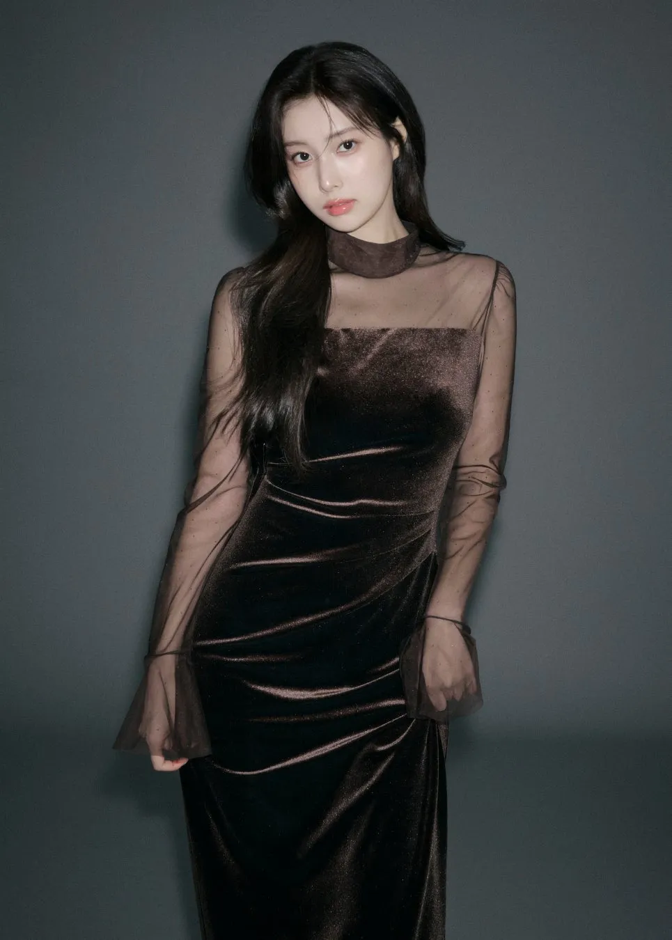 茶色のドレスを着た女性が立っている写真。彼女は長い黒髪で、灰色の背景をしています。